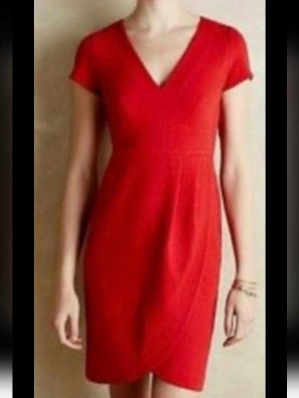 Anthropologie Maeve Textured Red V-Neck Short Sleeve Tulip Medium Dress